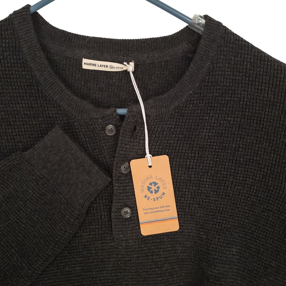 Marine Layer Re-Spun Henley Sweater Mens Small Charcoal Heather Cotton Blend